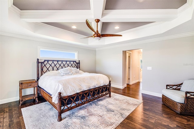bedroom featuring ornamental molding, wood finished floors, coffered ceiling, baseboards, and beam ceiling