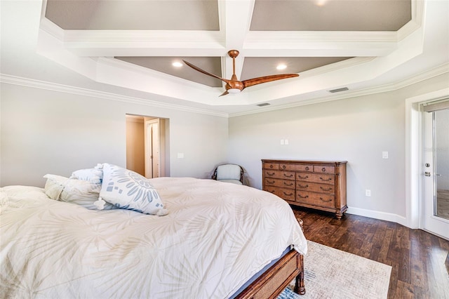 bedroom featuring ornamental molding, coffered ceiling, dark wood-style flooring, recessed lighting, and beamed ceiling