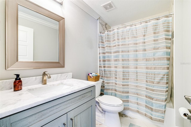 full bathroom with marble look tiles, toilet, vanity, and curtained shower