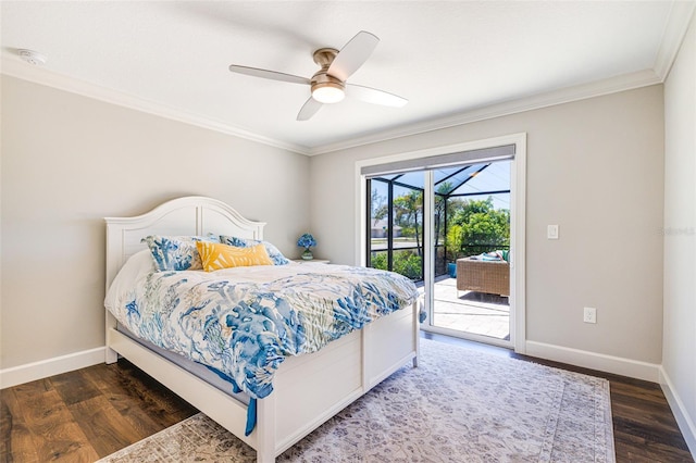bedroom with ornamental molding, baseboards, wood finished floors, access to exterior, and a ceiling fan