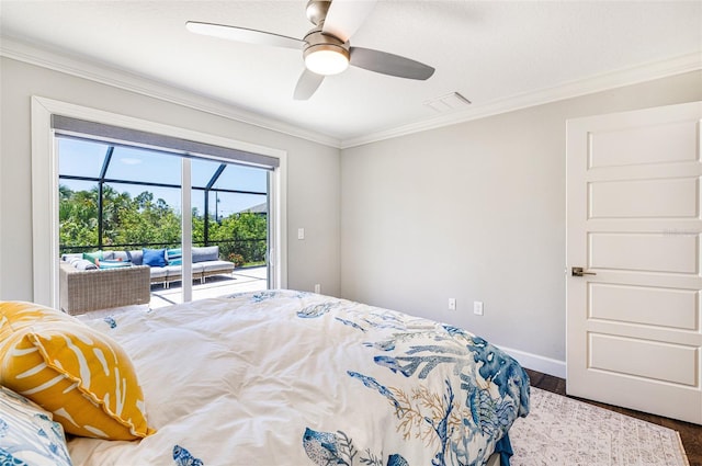 bedroom with access to outside, wood finished floors, crown molding, baseboards, and a ceiling fan