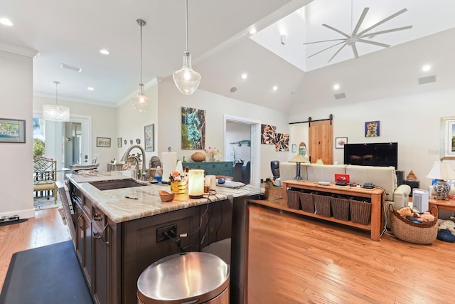 329 W Grace St, Punta Gorda, FL 33950 - kitchen with a sink, a barn door, open floor plan, light wood-type flooring, and light stone counters