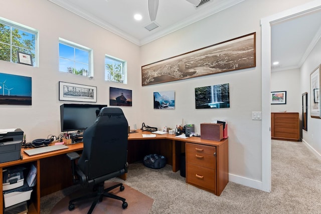 329 W Grace St, Punta Gorda, FL 33950 - home office with ornamental molding, light carpet, baseboards, recessed lighting, and a ceiling fan