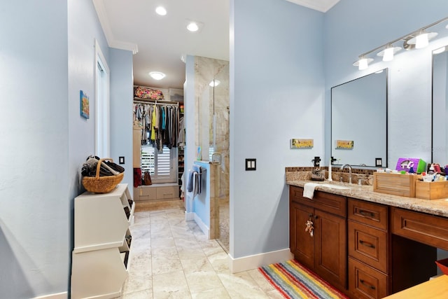 329 W Grace St, Punta Gorda, FL 33950 - full bath with a shower stall, vanity, a walk in closet, crown molding, and recessed lighting