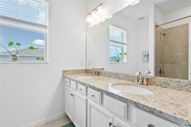 17629 Palmetto Pass Ln, Punta Gorda, FL 33982 - full bathroom with double vanity, baseboards, tile patterned flooring, and a shower