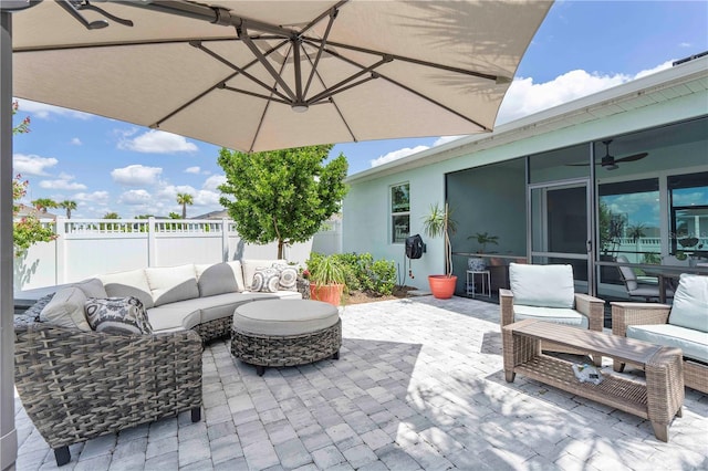 17629 Palmetto Pass Ln, Punta Gorda, FL 33982 - view of patio featuring an outdoor hangout area, ceiling fan, and a sunroom