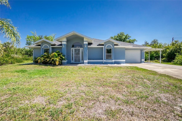 single story home with stucco siding, concrete driveway, a garage, and a front yard