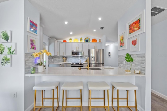 17396 Cox Ave, Port Charlotte, FL 33948 - kitchen with stainless steel appliances, a peninsula, lofted ceiling, decorative backsplash, and recessed lighting