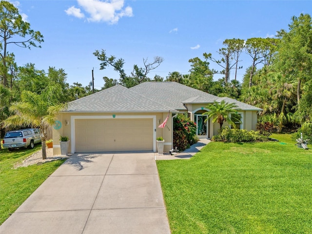 17396 Cox Ave, Port Charlotte, FL 33948 - single story home featuring an attached garage, stucco siding, concrete driveway, a front yard, and a shingled roof