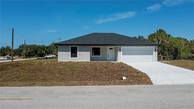 359 Salisbury St, Port Charlotte, FL 33954 - ranch-style house with stucco siding, an attached garage, driveway, a shingled roof, and a front lawn