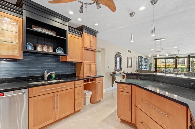 3250 Southshore Dr Unit 54B, Punta Gorda, FL 33955 - kitchen featuring dishwasher, a sink, ceiling fan, open shelves, and decorative backsplash