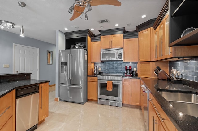 3250 Southshore Dr Unit 54B, Punta Gorda, FL 33955 - kitchen featuring appliances with stainless steel finishes, open shelves, backsplash, and dark stone counters