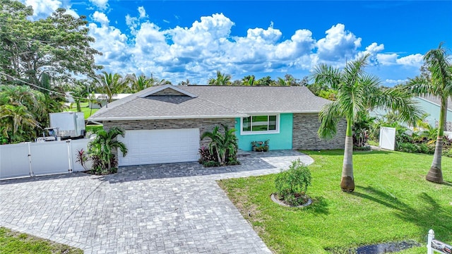 192 Danforth Dr S, Port Charlotte, FL 33980 - ranch-style house with an attached garage, a shingled roof, a gate, and decorative driveway