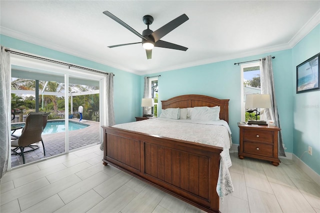 192 Danforth Dr S, Port Charlotte, FL 33980 - bedroom with access to exterior, multiple windows, crown molding, baseboards, and a ceiling fan