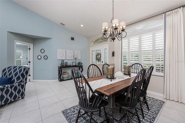 4443 Abcor Rd, North Port, FL 34286 - dining space with a chandelier, light tile patterned floors, recessed lighting, and high vaulted ceiling