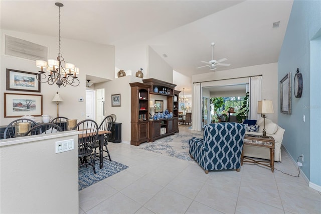 4443 Abcor Rd, North Port, FL 34286 - living room featuring a chandelier, light tile patterned floors, a ceiling fan, and high vaulted ceiling