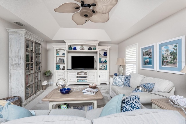 4443 Abcor Rd, North Port, FL 34286 - living area with a tray ceiling and ceiling fan