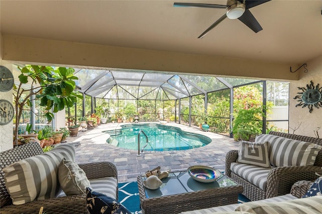 4443 Abcor Rd, North Port, FL 34286 - outdoor pool featuring an outdoor hangout area, a patio area, ceiling fan, and glass enclosure