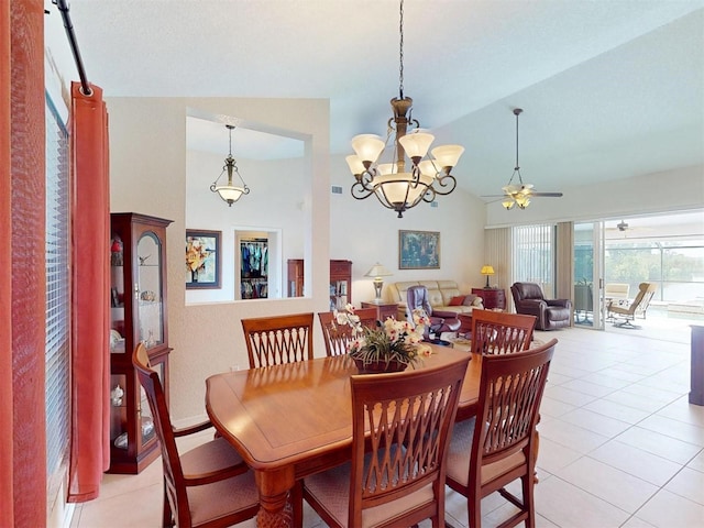 3518 Terin Ct, Punta Gorda, FL 33950 - dining area with light tile patterned flooring, ceiling fan, a chandelier, and vaulted ceiling