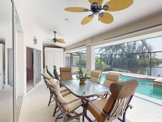 3518 Terin Ct, Punta Gorda, FL 33950 - sunroom featuring ceiling fan, a pool, a water view, and outdoor dining space