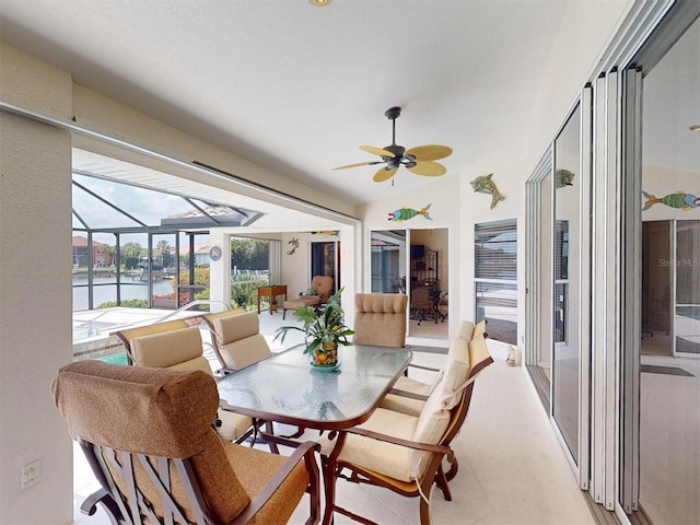 3518 Terin Ct, Punta Gorda, FL 33950 - sunroom featuring a ceiling fan, a water view, and lofted ceiling