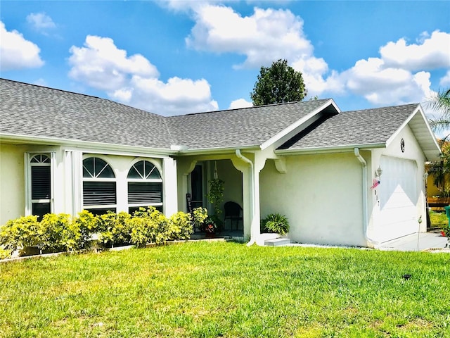 1017 Guild St, Port Charlotte, FL 33952 - view of front of home with stucco siding, a garage, a front yard, and a shingled roof
