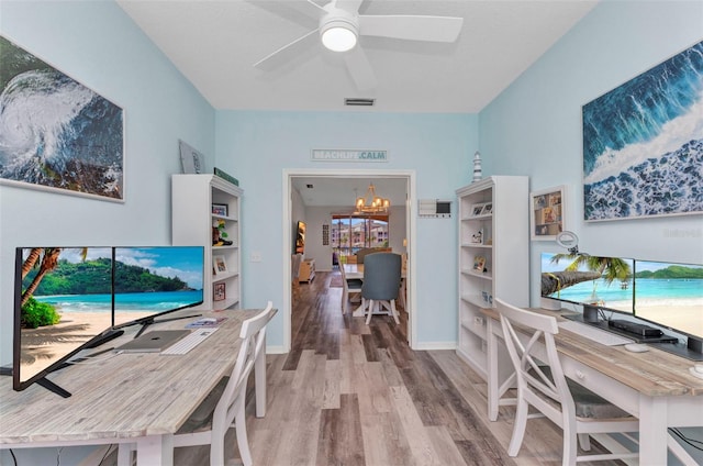 206 Gondola Park Dr Unit 206, Venice, FL 34292 - office area with wood finished floors, a chandelier, healthy amount of natural light, and ceiling fan
