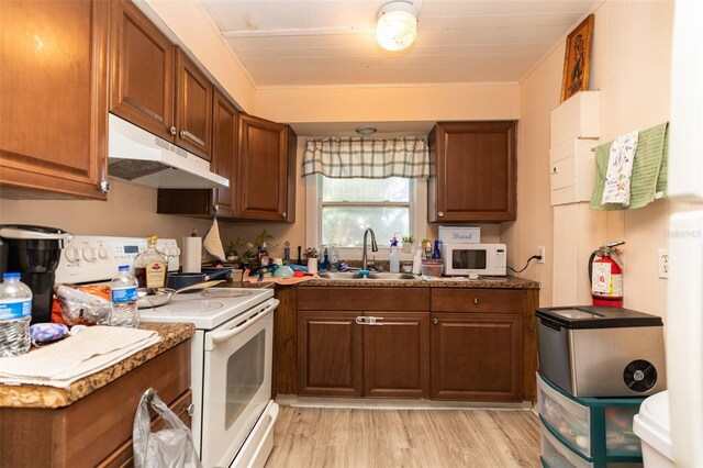 114 N Dade Ave, Arcadia, FL 34266 - kitchen with white appliances, under cabinet range hood, a sink, light wood finished floors, and brown cabinetry
