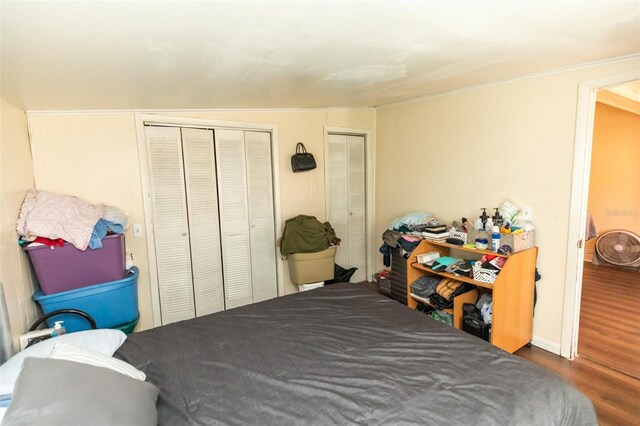114 N Dade Ave, Arcadia, FL 34266 - bedroom with wood finished floors, two closets, and ornamental molding