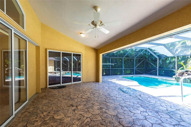 25538 Rampart Blvd, Punta Gorda, FL 33983 - swimming pool featuring a patio, ceiling fan, and glass enclosure