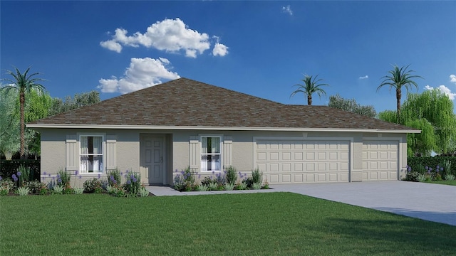 ranch-style house featuring concrete driveway, an attached garage, a front yard, stucco siding, and roof with shingles