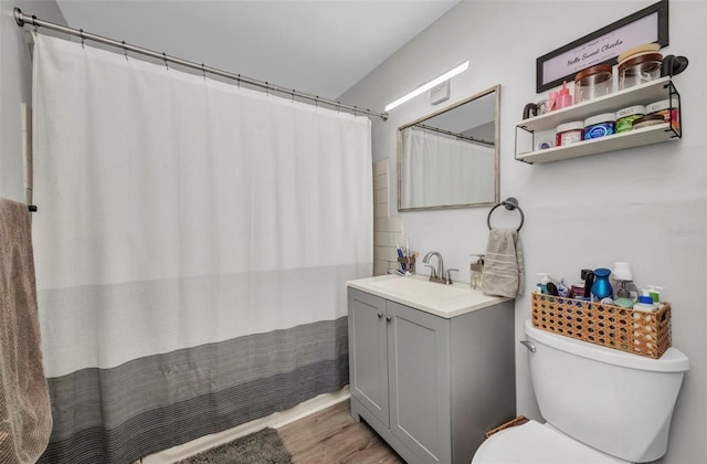 2465 Deedra St, Port Charlotte, FL 33952 - bathroom with vanity, toilet, wood finished floors, and a shower with shower curtain