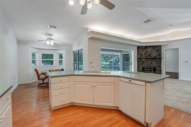 17340 Oak Creek Rd, Alva, FL 33920 - kitchen featuring dishwasher, ceiling fan, open floor plan, a sink, and vaulted ceiling