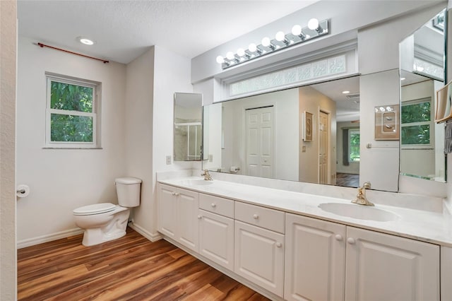 17340 Oak Creek Rd, Alva, FL 33920 - full bathroom featuring toilet, double vanity, wood finished floors, baseboards, and an enclosed shower