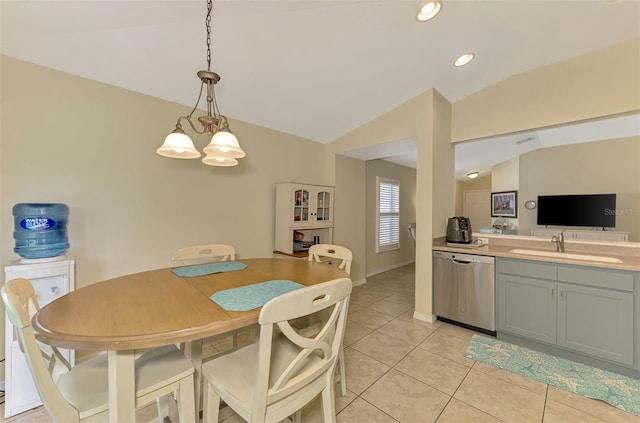 13210 SW Pembroke Cir N, Lake Suzy, FL 34269 - dining space with lofted ceiling, light tile patterned floors, a chandelier, baseboards, and recessed lighting