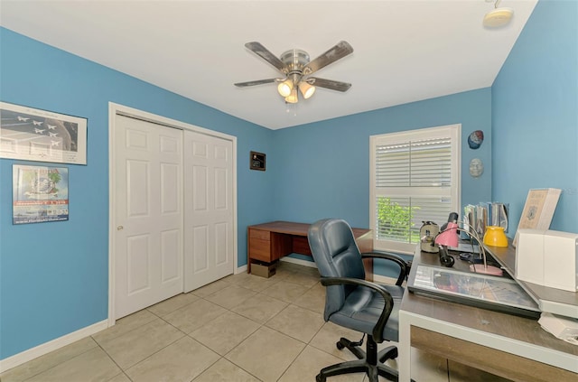 13210 SW Pembroke Cir N, Lake Suzy, FL 34269 - office area featuring baseboards, ceiling fan, and light tile patterned floors