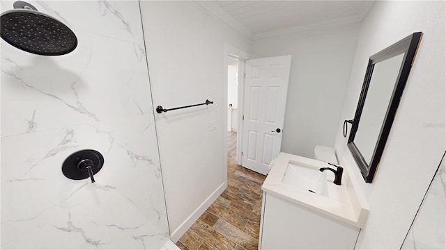 2805 Gussie St, Punta Gorda, FL 33950 - bathroom with ornamental molding, a marble finish shower, wood finished floors, vanity, and baseboards