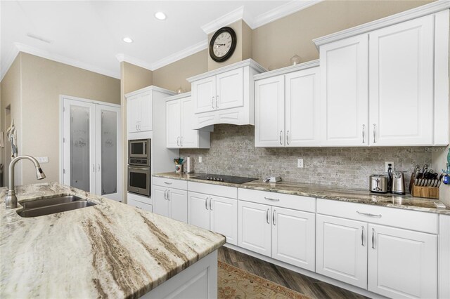 1025 Cheshire St, Port Charlotte, FL 33953 - kitchen featuring stainless steel appliances, a sink, white cabinetry, ornamental molding, and light stone countertops