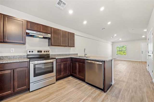 27237 Partin Dr, Punta Gorda, FL 33983 - kitchen featuring appliances with stainless steel finishes, under cabinet range hood, a sink, a peninsula, and light wood-style flooring