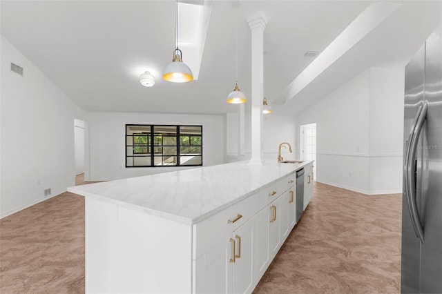 19723 Midway Blvd, Port Charlotte, FL 33948 - kitchen featuring stainless steel appliances, light stone countertops, white cabinetry, a sink, and open floor plan