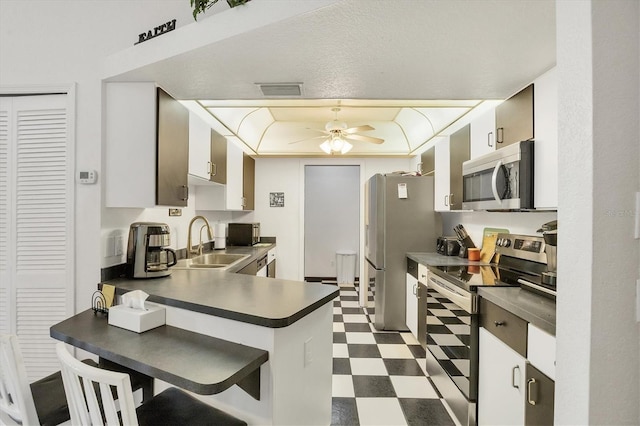 3105/3109 Vasco St, Punta Gorda, FL 33950 - kitchen featuring stainless steel appliances, dark countertops, dark floors, a raised ceiling, and ceiling fan