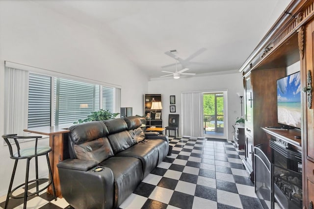 3105/3109 Vasco St, Punta Gorda, FL 33950 - living area with a ceiling fan, vaulted ceiling, and dark flooring