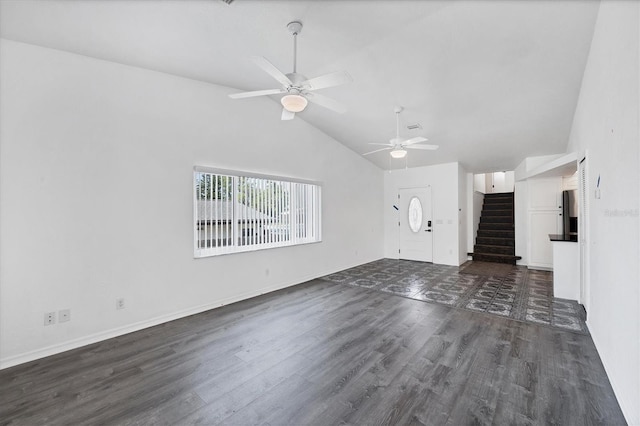 3105/3109 Vasco St, Punta Gorda, FL 33950 - unfurnished living room featuring dark wood-style floors, stairway, ceiling fan, and high vaulted ceiling