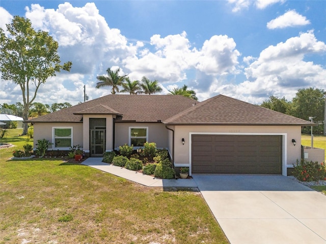 16094 Ortega Dr, Punta Gorda, FL 33955 - ranch-style home with an attached garage, stucco siding, concrete driveway, a front yard, and a shingled roof
