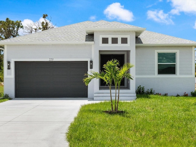 223 Australian Dr, Rotonda West, FL 33947 - view of front of house featuring a garage, a shingled roof, driveway, and a front lawn