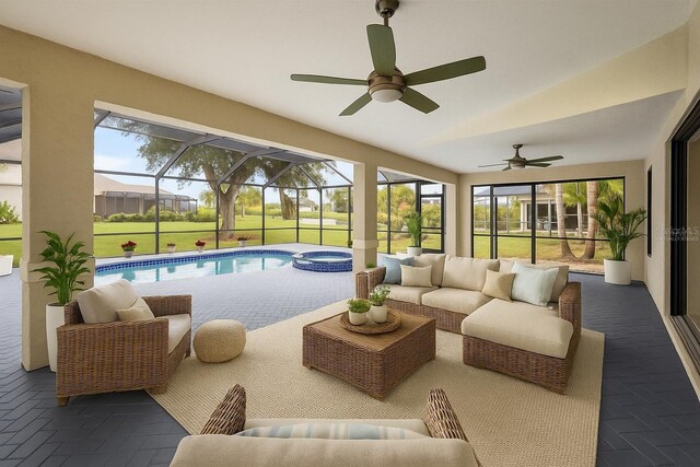 2442 Rio De Janeiro Ave, Punta Gorda, FL 33983 - view of pool with an outdoor hangout area, ceiling fan, a pool with connected hot tub, a patio, and a lanai