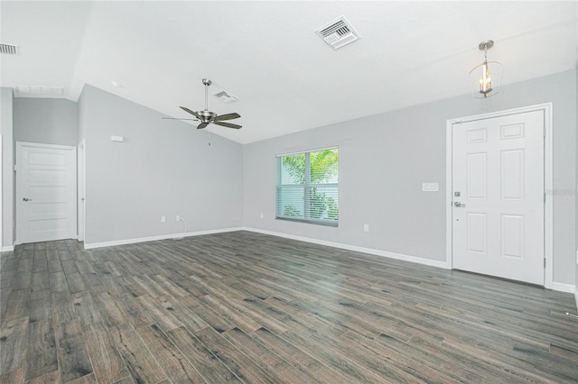 5532 Veracruz Ter, Port Charlotte, FL 33981 - unfurnished living room featuring ceiling fan, lofted ceiling, dark wood-style flooring, and baseboards