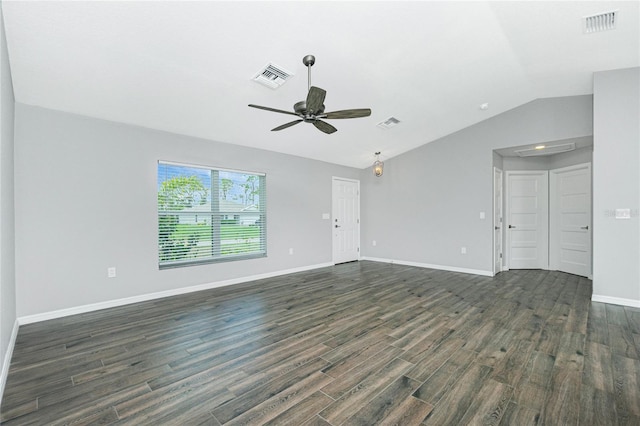 5532 Veracruz Ter, Port Charlotte, FL 33981 - unfurnished living room featuring dark wood-type flooring, vaulted ceiling, ceiling fan, and baseboards