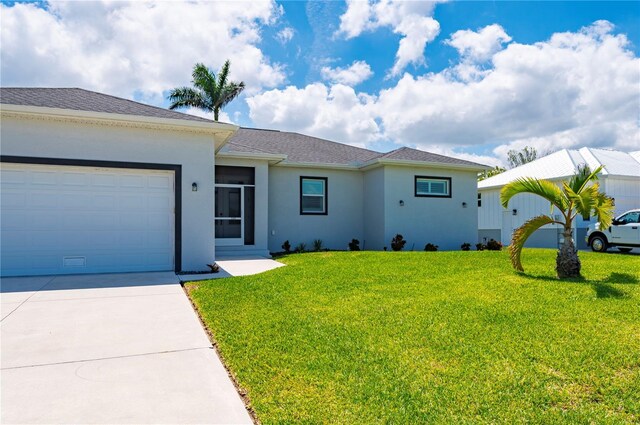 3302 Palm Dr, Punta Gorda, FL 33950 - ranch-style house with stucco siding, a front lawn, concrete driveway, and an attached garage