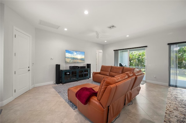 3302 Palm Dr, Punta Gorda, FL 33950 - living room featuring recessed lighting, light tile patterned floors, baseboards, and a ceiling fan
